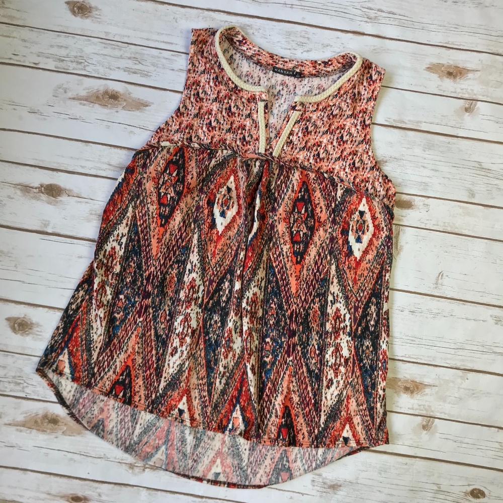 HANNAH Sleeveless Braided Trim Boho Peach Blue Top